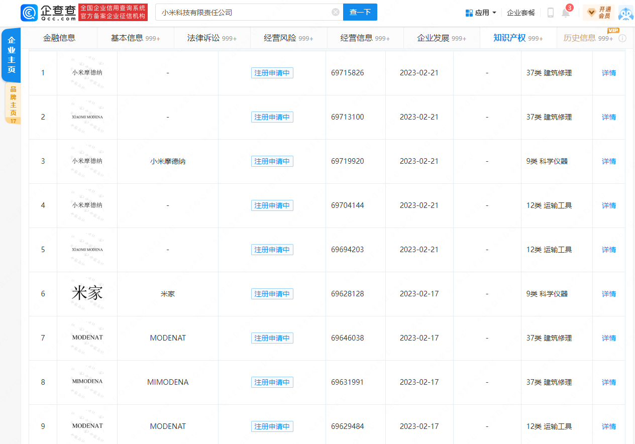 小米申請首款車摩德納、MODENA等商標(biāo)